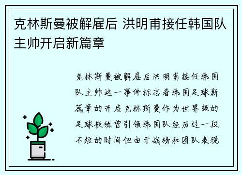 克林斯曼被解雇后 洪明甫接任韩国队主帅开启新篇章